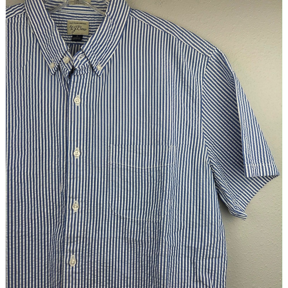 J.Crew Mens Large Blue White Striped Seersucker Short Sleeve Button Down Shirt